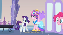 Size: 640x355 | Tagged: safe, derpibooru import, screencap, pinkie pie, princess cadance, rarity, alicorn, earth pony, pony, unicorn, games ponies play, ceremonial headdress, clothes, dress, meme, mlp-captions, sale, youtube caption