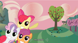 Size: 500x278 | Tagged: safe, screencap, apple bloom, scootaloo, sweetie belle, hearts and hooves day (episode), cutie mark crusaders, gazebo, hearts and hooves day, meme, mlp-captions, tree, youtube caption