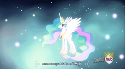 Size: 640x355 | Tagged: safe, screencap, princess celestia, alicorn, pony, magical mystery cure, congratulations, do you like bananas?, friendship is magic bitch, meme, mlp-captions, void, youtube caption