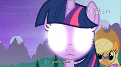 Size: 640x355 | Tagged: safe, derpibooru import, screencap, applejack, twilight sparkle, twilight sparkle (alicorn), alicorn, earth pony, pony, princess twilight sparkle (episode), female, glowing eyes, hub logo, mare, meme, mlp-captions, youtube caption