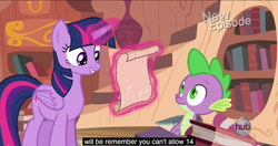 Size: 1151x610 | Tagged: safe, screencap, spike, twilight sparkle, twilight sparkle (alicorn), alicorn, dragon, pony, castle mane-ia, female, mare, meme, youtube caption