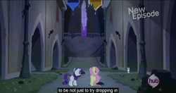 Size: 1152x609 | Tagged: safe, derpibooru import, screencap, angel bunny, fluttershy, rarity, pegasus, pony, unicorn, castle mane-ia, meme, youtube caption