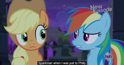 Size: 1152x609 | Tagged: safe, derpibooru import, screencap, applejack, rainbow dash, earth pony, pegasus, pony, castle mane-ia, meme, youtube caption