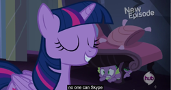 Size: 1153x608 | Tagged: safe, screencap, spike, twilight sparkle, twilight sparkle (alicorn), alicorn, dragon, pony, castle mane-ia, female, hub logo, mare, meme, skype, youtube caption