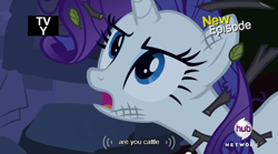 Size: 640x355 | Tagged: safe, derpibooru import, screencap, rarity, cow, castle mane-ia, hub logo, hub network, hubble, leaves, meme, mlp-captions, solo, species swap, the hub, tv rating, youtube caption