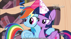 Size: 639x351 | Tagged: safe, derpibooru import, screencap, rainbow dash, twilight sparkle, twilight sparkle (alicorn), alicorn, pegasus, pony, daring don't, female, hat, hub logo, mare, meme, national random holiday party day, new episode, party hat, youtube caption