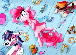 Size: 2800x2000 | Tagged: safe, artist:nekosnicker, derpibooru import, octavia melody, pinkie pie, shining armor, earth pony, pony, unicorn, aftermath, applejack's hat, balloon, body writing, candy, cider, confetti, cookie, cowboy hat, crown, cute, diapinkes, food, hat, implied twilight sparkle, jewelry, lollipop, party, party hat, regalia, shining adorable, tavibetes