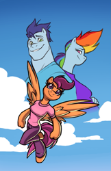 Size: 621x960 | Tagged: safe, artist:thedashies, derpibooru import, rainbow dash, scootaloo, soarin', anthro, unguligrade anthro, comic, cover, male, older, scootadoption, scootaloo can fly, shipping, soarindash, straight, the dashies