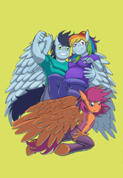 Size: 1418x2048 | Tagged: safe, artist:thedashies, derpibooru import, rainbow dash, scootaloo, soarin', anthro, unguligrade anthro, clothes, cover, green background, male, older, preggo dash, pregnant, shipping, simple background, soarindash, straight, the dashies