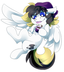 Size: 2117x2400 | Tagged: safe, artist:nekosnicker, derpibooru import, oc, oc only, oc:rory gigabyte, pegasus, pony, :p, beanie, coffee, flying, hat, male, silly, simple background, solo, tongue out, transparent background