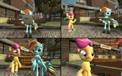 Size: 1200x750 | Tagged: safe, artist:b0rkinbad, derpibooru import, rainbow dash, scootaloo, anthro, pegasus, plantigrade anthro, comic:the bet, 3d, arm hooves, bipedal, comic, dialogue, gmod, sfm pony