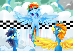 Size: 3400x2400 | Tagged: safe, artist:nekosnicker, derpibooru import, rainbow dash, soarin', spitfire, pegasus, pony, clothes, cloud, eyes closed, female, finish line, flying, goggles, male, mare, race, racing, stallion, uniform, wonderbolts uniform