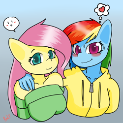 Size: 1800x1800 | Tagged: safe, artist:redprep, derpibooru import, fluttershy, rainbow dash, anthro, blushing, clothes, female, flutterdash, gradient background, heart, hoodie, lesbian, shipping, shirt, shoulderless, sweat