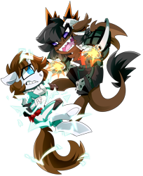 Size: 3051x3743 | Tagged: safe, artist:nekosnicker, derpibooru import, oc, oc:dreamwire, oc:onyx quill, dracony, hybrid, kirin, pony, unicorn, action pose, broken horn, claws, clothes, deku's hero costume, ground zero's hero costume, horn, izuku midoriya, katsuki bakugou, my hero academia, wings