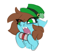 Size: 969x835 | Tagged: safe, artist:nekosnicker, derpibooru import, oc, oc only, oc:neko, pony, alcohol, animated, beer, beer can, cider, drinking, funny, gif, hat, sharp teeth, solo, st.patrick's day, teeth
