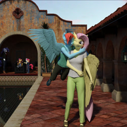 Size: 2400x2400 | Tagged: safe, artist:jawolfadultishart, derpibooru import, apple bloom, fluttershy, rainbow dash, rarity, scootaloo, sweetie belle, anthro, plantigrade anthro, 3d, clothes, cutie mark crusaders, daz studio, female, flutterdash, glomp, happy, hug, lesbian, love, not sfm, shipping, smug