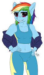 Size: 1235x2130 | Tagged: safe, artist:salamishowdown, derpibooru import, rainbow dash, anthro, pegasus, belly button, clothes, looking at you, midriff, pants, signature, simple background, solo, transparent background, wonderbolt trainee uniform