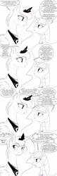 Size: 1280x3960 | Tagged: safe, artist:silfoe, derpibooru import, princess luna, twilight sparkle, twilight sparkle (alicorn), twilight velvet, alicorn, pony, discussion, female, grayscale, lesbian, monochrome, royal sketchbook, shipping, simple background, twiluna, white background