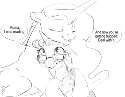 Size: 1280x989 | Tagged: safe, artist:silfoe, derpibooru import, princess luna, oc, oc:twilight dapple, alicorn, pony, alicorn oc, black and white, cute, deal with it, dialogue, duo, female, grayscale, hug, lunabetes, magical lesbian spawn, monochrome, mother and child, mother and daughter, next generation, offspring, other royal book, parent and child, parent:princess luna, parent:twilight sparkle, parents:twiluna, simple background, sketch, speech bubble, white background