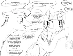 Size: 1280x989 | Tagged: safe, artist:silfoe, derpibooru import, night light, princess luna, twilight sparkle, twilight sparkle (alicorn), alicorn, pony, dialogue, door, father and child, father and daughter, female, grayscale, lesbian, male, monochrome, parent and child, shipping, sketch, twiluna