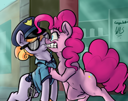 Size: 1280x1014 | Tagged: safe, artist:greyscaleart, derpibooru import, copper top, pinkie pie, earth pony, pony, the gift of the maud pie, belly button, bipedal, bipedal leaning, boop, clothes, eye contact, female, frown, grabbing, gritted teeth, hat, hoof hold, leaning, looking at each other, mare, nose wrinkle, noseboop, personal space invasion, police, police officer, police pony, scene interpretation, sunglasses, underhoof, wide eyes