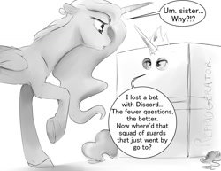Size: 1280x989 | Tagged: safe, artist:silfoe, derpibooru import, princess celestia, princess luna, alicorn, pony, box, cardboard box, confused, cute, eye contact, floppy ears, frown, grayscale, hiding, horn impalement, lidded eyes, looking at each other, missing accessory, monochrome, open mouth, pony in a box, raised hoof, royal sketchbook, sillestia, silly, silly pony, unamused