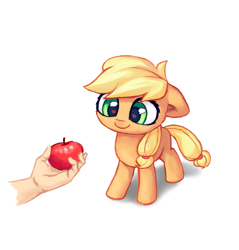 Size: 2171x2273 | Tagged: safe, artist:inowiseei, derpibooru import, part of a set, applejack, human, apple, cute, female, filly, floppy ears, food, heart eyes, jackabetes, offscreen character, offscreen human, simple background, solo, that pony sure does love apples, white background, wingding eyes, younger