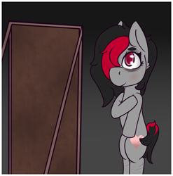 Size: 1006x1020 | Tagged: safe, artist:lazerblues, derpibooru import, oc, oc only, oc:miss eri, earth pony, pony, bipedal, female, mare, mirror, scar, solo