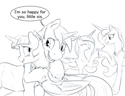 Size: 1280x989 | Tagged: safe, artist:silfoe, derpibooru import, princess cadance, princess luna, shining armor, twilight sparkle, twilight sparkle (alicorn), alicorn, pony, unicorn, crying, female, hoofbump, hug, lesbian, liquid pride, monochrome, royal sketchbook, shipping, sketch, twiluna