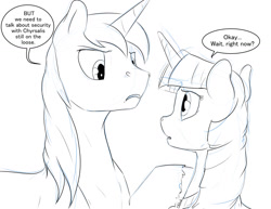 Size: 1280x989 | Tagged: safe, artist:silfoe, derpibooru import, shining armor, twilight sparkle, twilight sparkle (alicorn), alicorn, pony, unicorn, monochrome, royal sketchbook, sketch