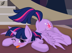 Size: 4860x3558 | Tagged: safe, artist:hioshiru, artist:slb94, derpibooru import, twilight sparkle, twilight sparkle (alicorn), alicorn, pony, absurd resolution, blushing, face down ass up, female, looking at you, mare, plot, solo, spread wings, tongue out, vector, wings