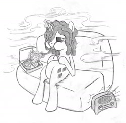 Size: 1993x1934 | Tagged: safe, artist:underpable, derpibooru import, rarity, pony, unicorn, alternate hairstyle, food, hairity, monochrome, munchies, pizza, radio, sofa, solo, stoner