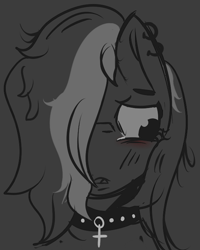 Size: 543x678 | Tagged: safe, artist:lazerblues, derpibooru import, oc, oc only, oc:miss eri, earth pony, pony, choker, collar, crying, ear piercing, female, mare, monochrome, piercing, solo