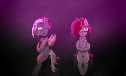 Size: 2000x1209 | Tagged: safe, artist:lazerblues, derpibooru import, oc, oc only, oc:addie, oc:miss eri, earth pony, pony, cigarette, collar, ear piercing, fake horn, fake wings, female, jewelry, mare, necklace, piercing, scar, smoking