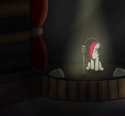 Size: 1073x1000 | Tagged: safe, artist:lazerblues, derpibooru import, oc, oc only, oc:miss eri, earth pony, pony, female, mare, microphone, sad, scar, solo, theater