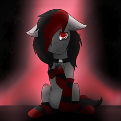 Size: 2300x2300 | Tagged: safe, artist:lazerblues, artist:otpl, derpibooru import, oc, oc only, oc:miss eri, earth pony, pony, chest fluff, clothes, collar, female, floppy ears, mare, sitting, socks, solo, stockings, striped socks