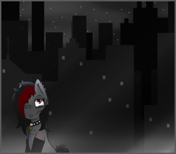 Size: 1942x1704 | Tagged: safe, artist:lazerblues, derpibooru import, oc, oc only, oc:miss eri, earth pony, pony, city, cityscape, clothes, collar, ear piercing, female, gloves, mare, piercing, solo