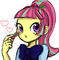 Size: 568x577 | Tagged: safe, artist:nayu, sour sweet, equestria girls, friendship games, bowtie, cherry, cute, heart, looking at you, pixiv, ponytail, simple background, solo, sourbetes, white background