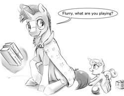 Size: 1280x989 | Tagged: safe, artist:silfoe, derpibooru import, princess flurry heart, sunburst, alicorn, pony, unicorn, ball, book, cute, duo, grayscale, grin, levitation, looking back, magic, monochrome, open mouth, raised eyebrow, raised hoof, sitting, sketch, smiling, spread wings, telekinesis, uncle sunburst