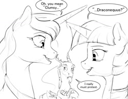 Size: 1280x989 | Tagged: safe, artist:silfoe, derpibooru import, discord, princess luna, twilight sparkle, twilight sparkle (alicorn), alicorn, pony, dialogue, female, grayscale, lesbian, monochrome, shipping, sketch, twiluna