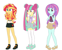 Size: 3700x3000 | Tagged: safe, artist:luckyclau, sour sweet, sunny flare, sunset shimmer, equestria girls, alternate hairstyle, alternate universe, clothes, freckles, simple background, transparent background, vector