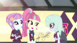 Size: 1024x576 | Tagged: safe, artist:tailinr1lolnew, edit, edited screencap, screencap, sour sweet, sunny flare, oc, oc:solomia, equestria girls, friendship games, donut steel, watermark