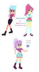 Size: 736x1348 | Tagged: safe, artist:berrypunchrules, frosty orange, sour sweet, equestria girls, belly button, boots, clothes, cute, fusion, mary janes, midriff, multiple arms, ponytail, shoes, shorts, skirt, socks