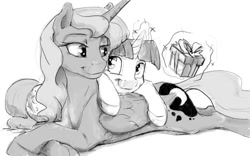 Size: 1280x800 | Tagged: safe, artist:silfoe, derpibooru import, princess luna, twilight sparkle, twilight sparkle (alicorn), alicorn, pony, cute, female, glowing horn, grayscale, lesbian, lunabetes, magic, monochrome, present, shipping, silfoe is trying to murder us, telekinesis, twiabetes, twiluna