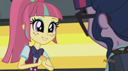 Size: 1440x804 | Tagged: safe, screencap, sci-twi, sour sweet, twilight sparkle, equestria girls, friendship games, bowtie, glasses, ponytail, smiling, when she smiles