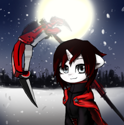 Size: 1350x1363 | Tagged: safe, artist:inowiseei, derpibooru import, pony, unicorn, female, mare, moon, night, ponified, ruby rose, rwby, scythe, snow, solo