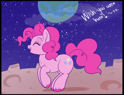 Size: 700x538 | Tagged: safe, artist:lulubell, derpibooru import, pinkie pie, earth pony, pony, here on the moon, moon, pink side of the moon, planet, postcard, smiling, solo, space, unshorn fetlocks, wish you were here