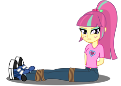 Size: 7000x5000 | Tagged: safe, artist:razethebeast, sour sweet, equestria girls, friendship games, absurd resolution, bondage, clothes, flash puppet, freckles, hands behind back, kidnapped, looking at you, new outfit, pants, ropes, shoes, show accurate, simple background, sitting, sneakers, solo, tied up, transparent background, vector