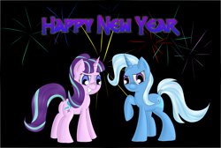 Size: 3371x2269 | Tagged: safe, artist:brok-enwings, derpibooru import, starlight glimmer, trixie, pony, unicorn, female, fireworks, mare, new year, raised hoof