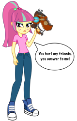 Size: 3500x5500 | Tagged: safe, artist:razethebeast, sour sweet, equestria girls, absurd resolution, buzz blades, clothes, dialogue, flash puppet, freckles, new outfit, open mouth, pants, ratchet and clank, serious face, shoes, simple background, sneakers, speech bubble, transparent background, vector